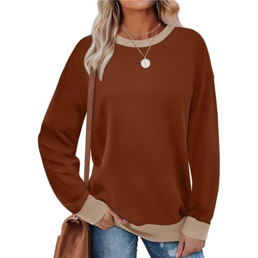 Womens color block sweatshirt crewneck long sleeve loose fit casual top 2025